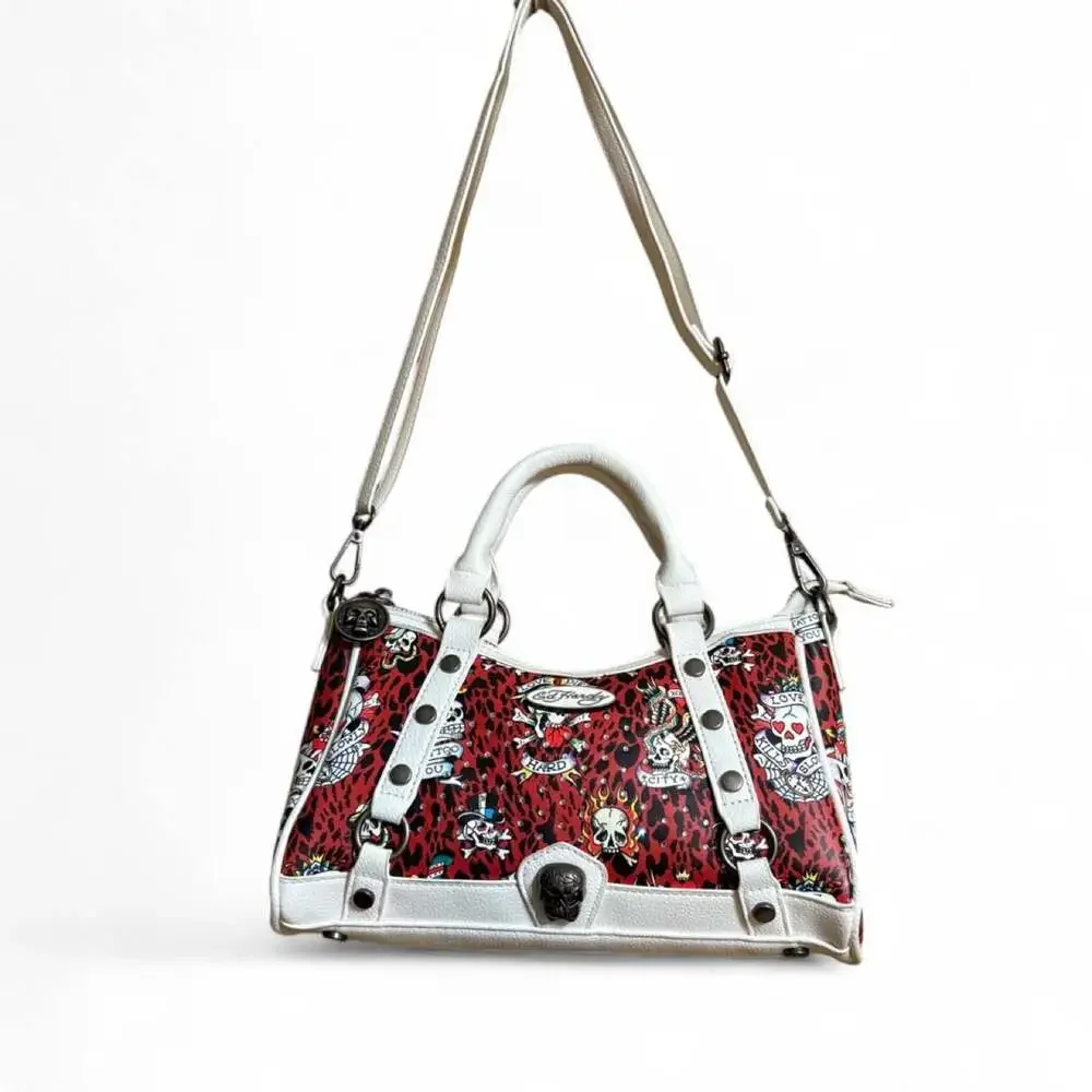 Ed Hardy Y2K Red Leopard Tattoo Skull Satchel Crossbody Bag